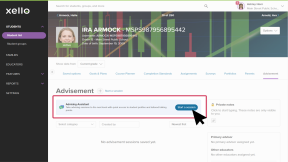 A student profile is open and the cursor is clicking the Advisement tab.